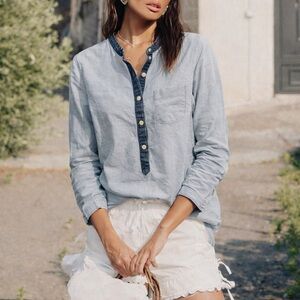 Light Blue Contrast-Placket Women's Button Henley Top